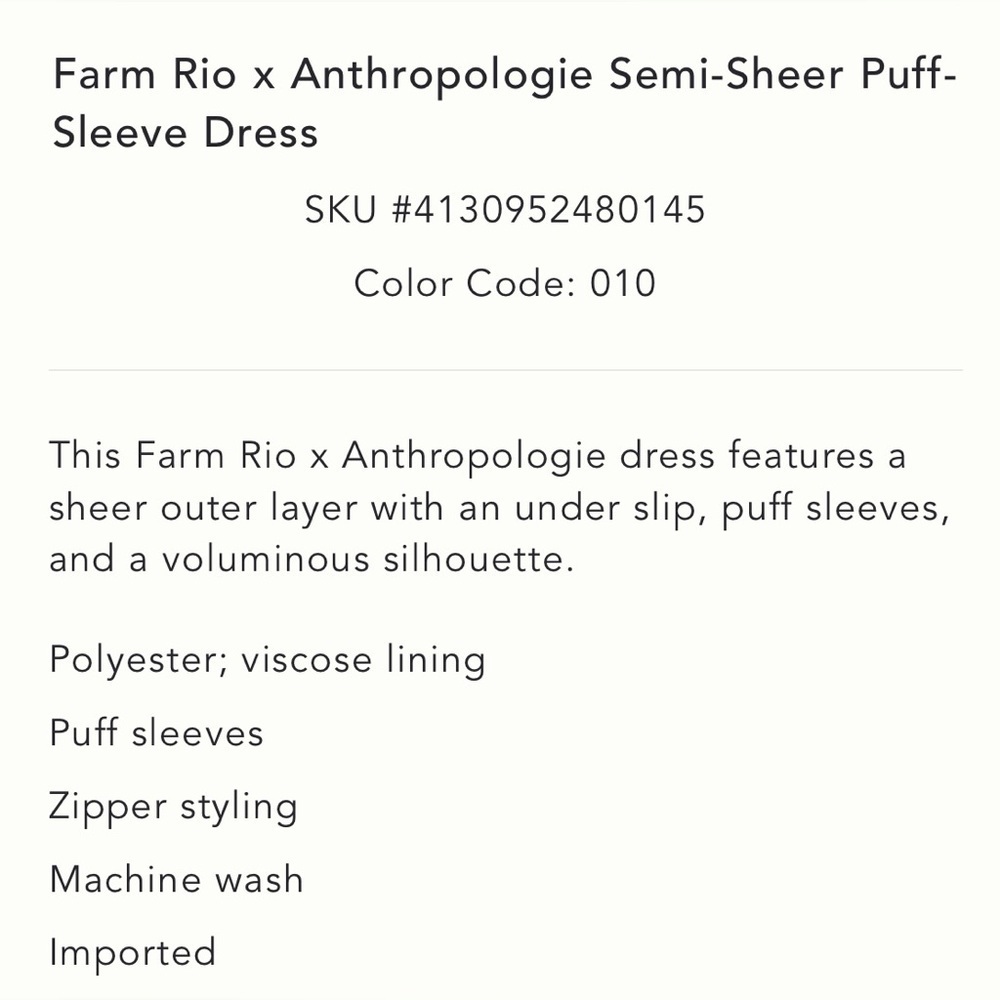 Anthropologie x Farm Rio Semi-Sheer Puff-Sleeve Dress Sz S NWT - Picture 5 of 15